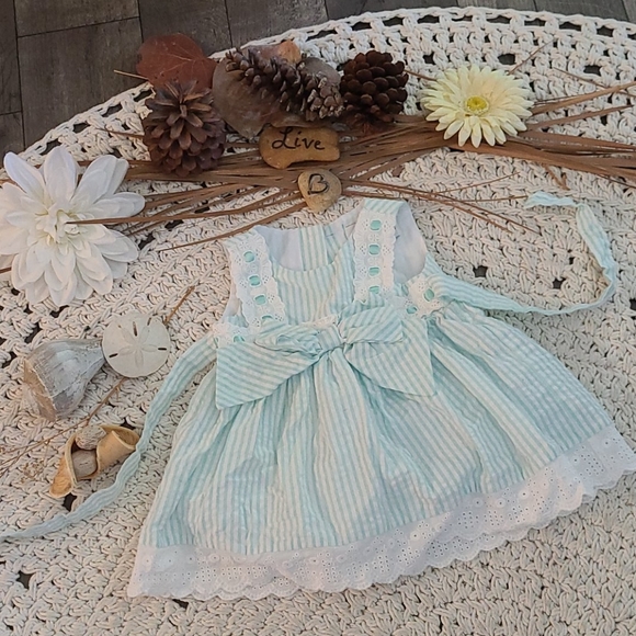 SUMMER BEAUTIFUL TEAL WHITE LACE STRIPED DRESS - Picture 2 of 16